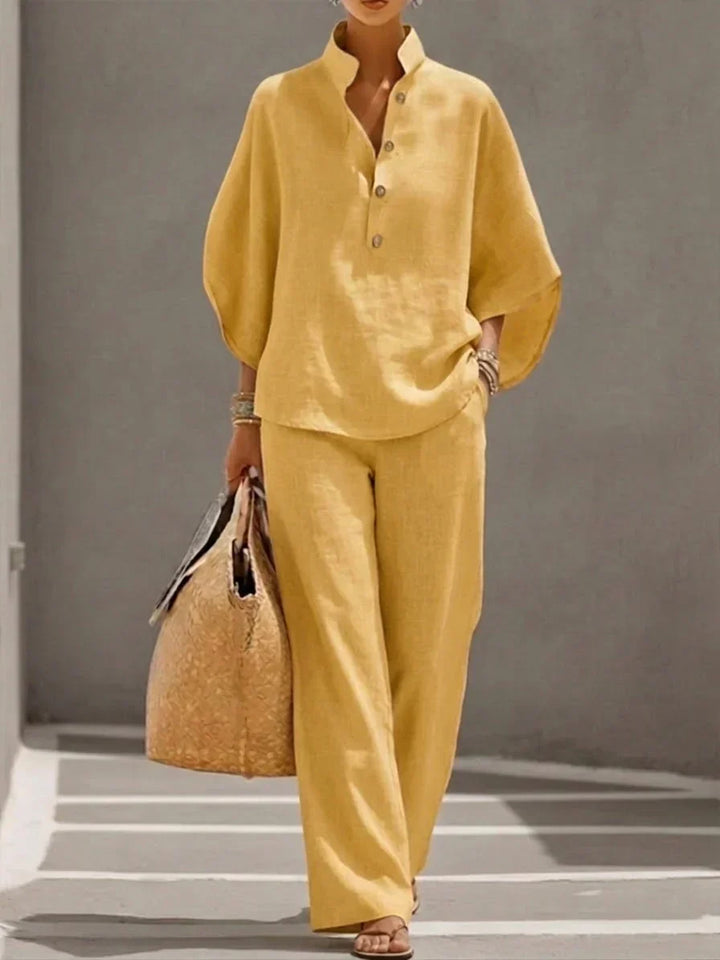Maribel | Ensemble en lin à manches chauve-souris et pantalon ample