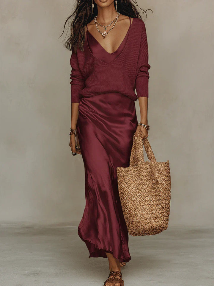 Elena | Robe satin mi-longue avec pull assorti