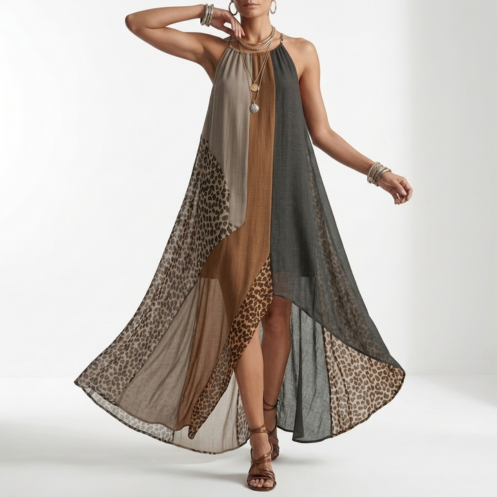 Fauveline™ — Maxi Halter Dress with Colorblock Animal Print