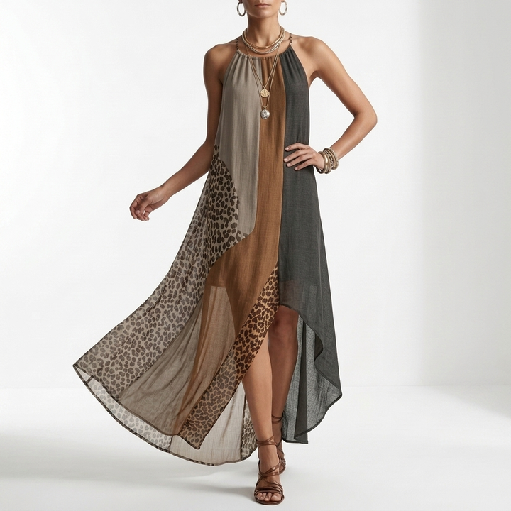 Fauveline™ — Maxi Halter Dress with Colorblock Animal Print