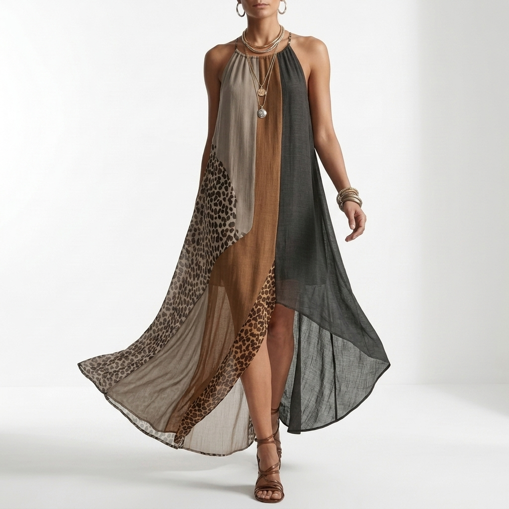 Fauveline™ — Maxi Halter Dress with Colorblock Animal Print