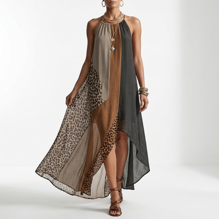 Fauveline™ — Maxi Halter Dress with Colorblock Animal Print