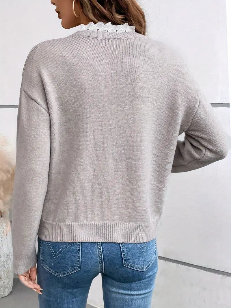 Céline | Pull Chic en Tricot avec Col en Dentelle Raffiné