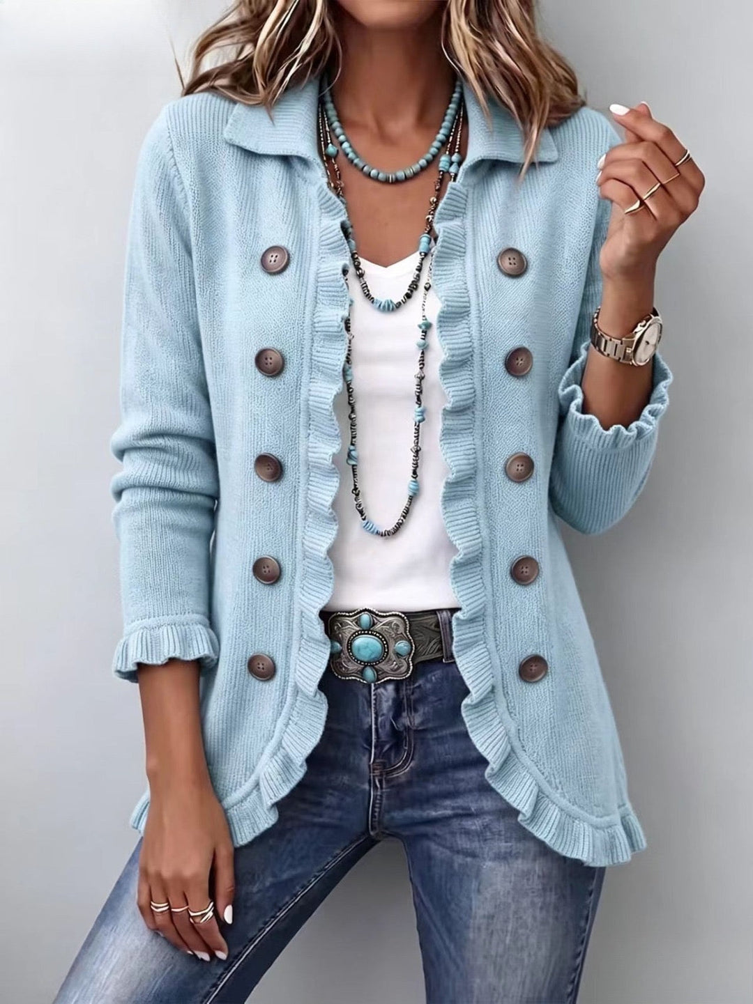 Perrine | Veste en Maille Côtelée Bleu Poudré avec Volants