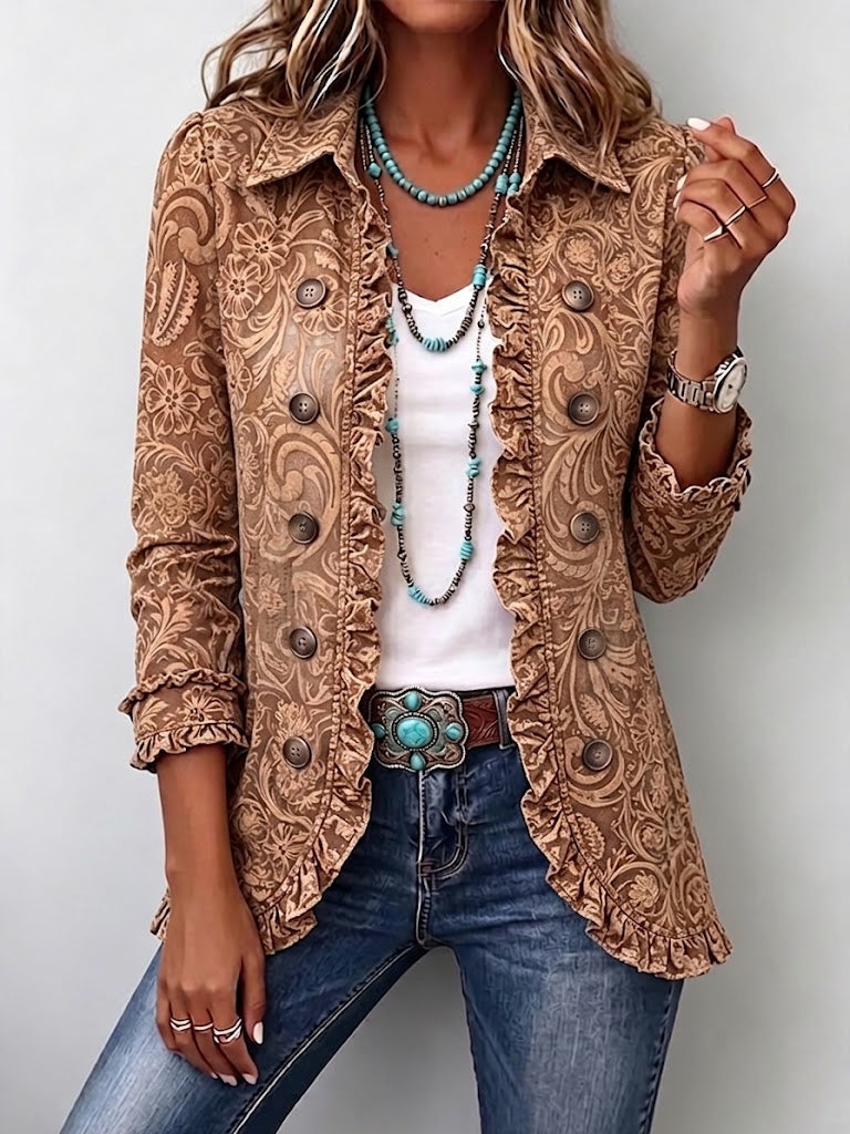 Noémie | Veste Vintage Marron Bohème à Fleurs avec Volants