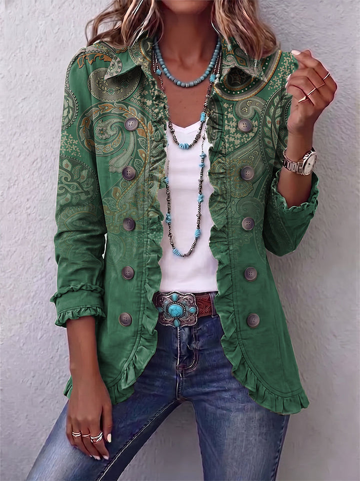 Cosette | Veste Bohème Verte à Motif Paisley avec Volants