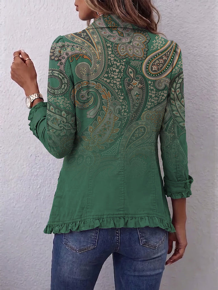Cosette | Veste Bohème Verte à Motif Paisley avec Volants