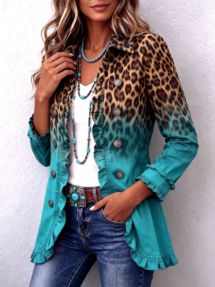 Béatrice | Blazer Léopard Turquoise Dégradé avec Volants