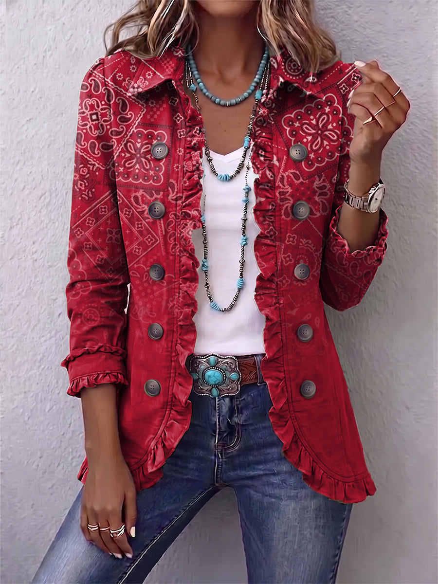Gaëlle | Veste Bohème Rouge à Volants avec Motif Paisley Dégradé