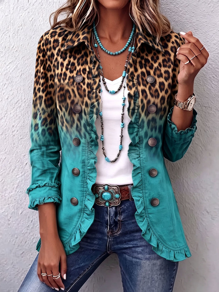 Béatrice | Blazer Léopard Turquoise Dégradé avec Volants