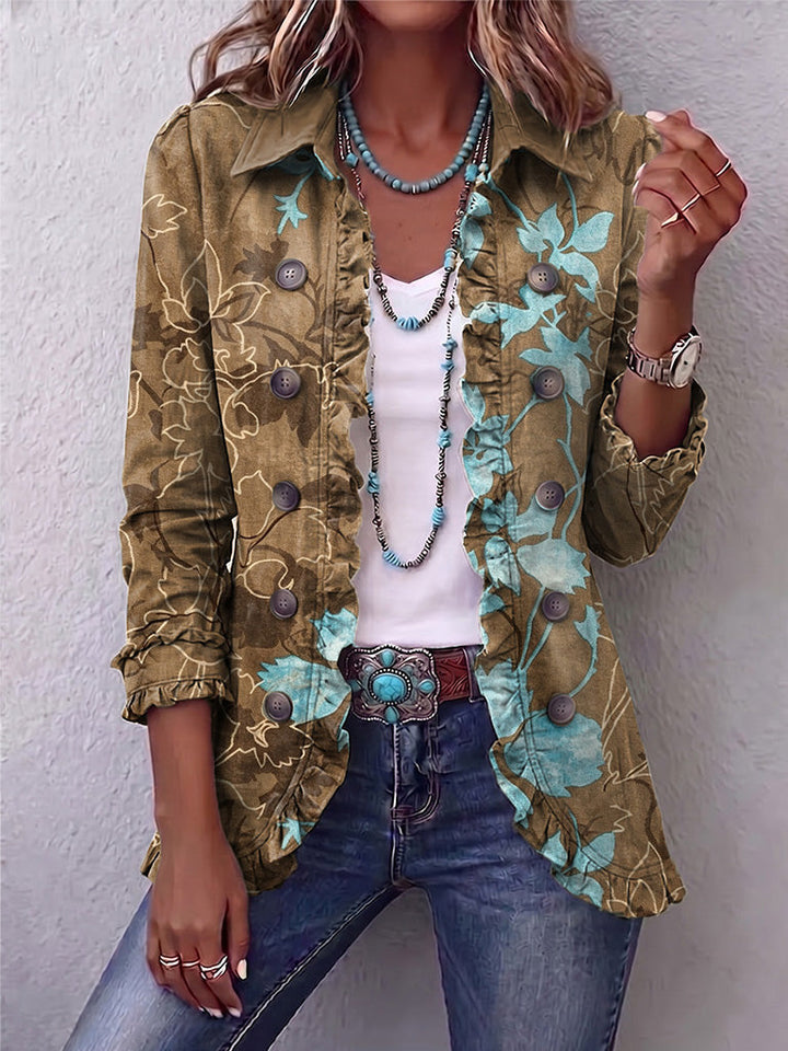 Blanche | Veste Vintage Bohème à Fleurs Dégradée avec Volants