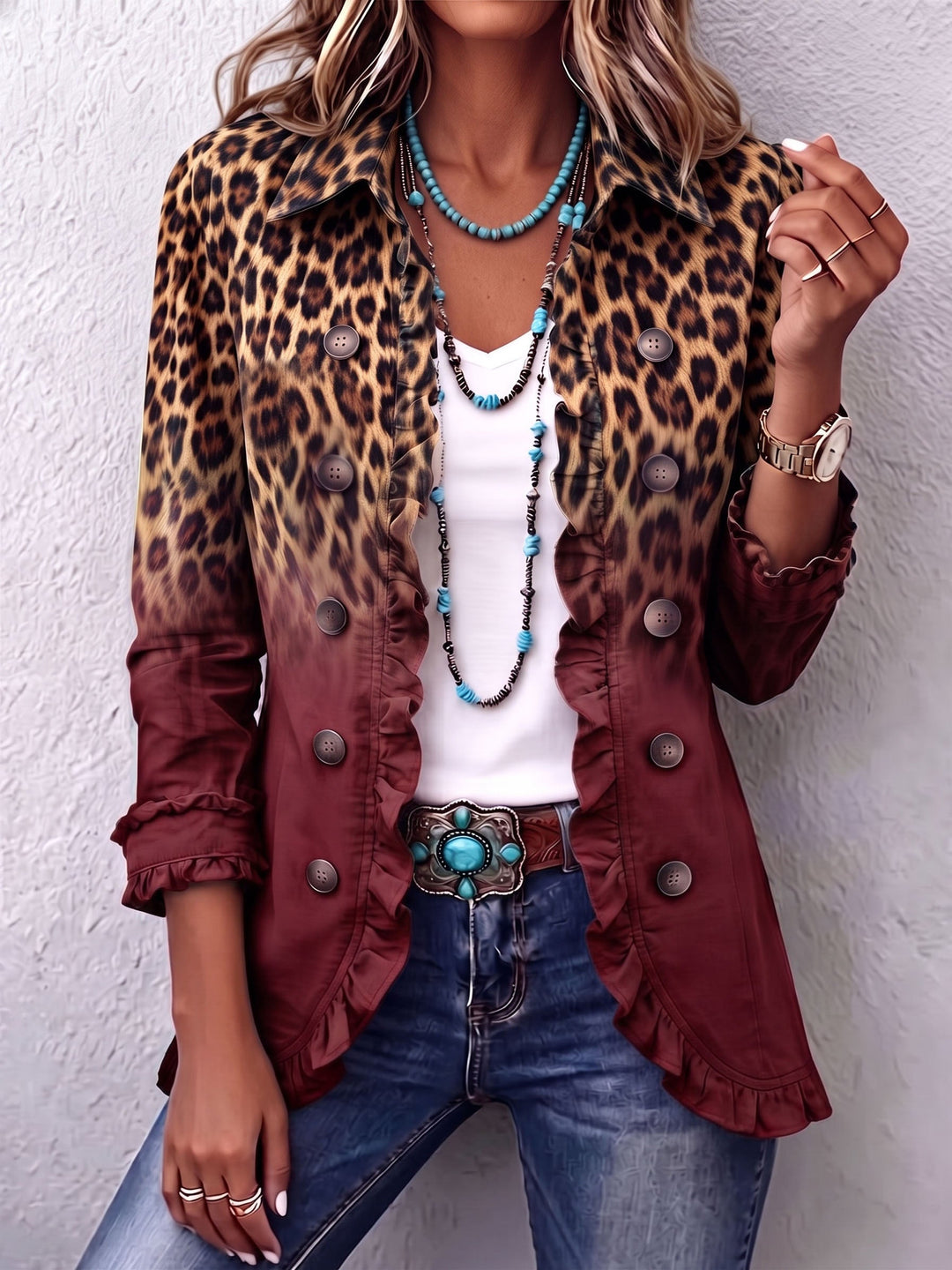 Béatrice | Blazer Léopard Turquoise Dégradé avec Volants