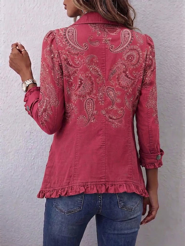 Iseult | Veste Vintage Rose Antique à Motif Paisley avec Volants