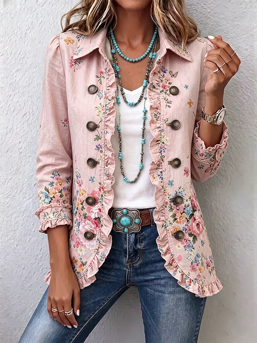 Martine | Veste à Volants et Boutons Fleurie en Rose