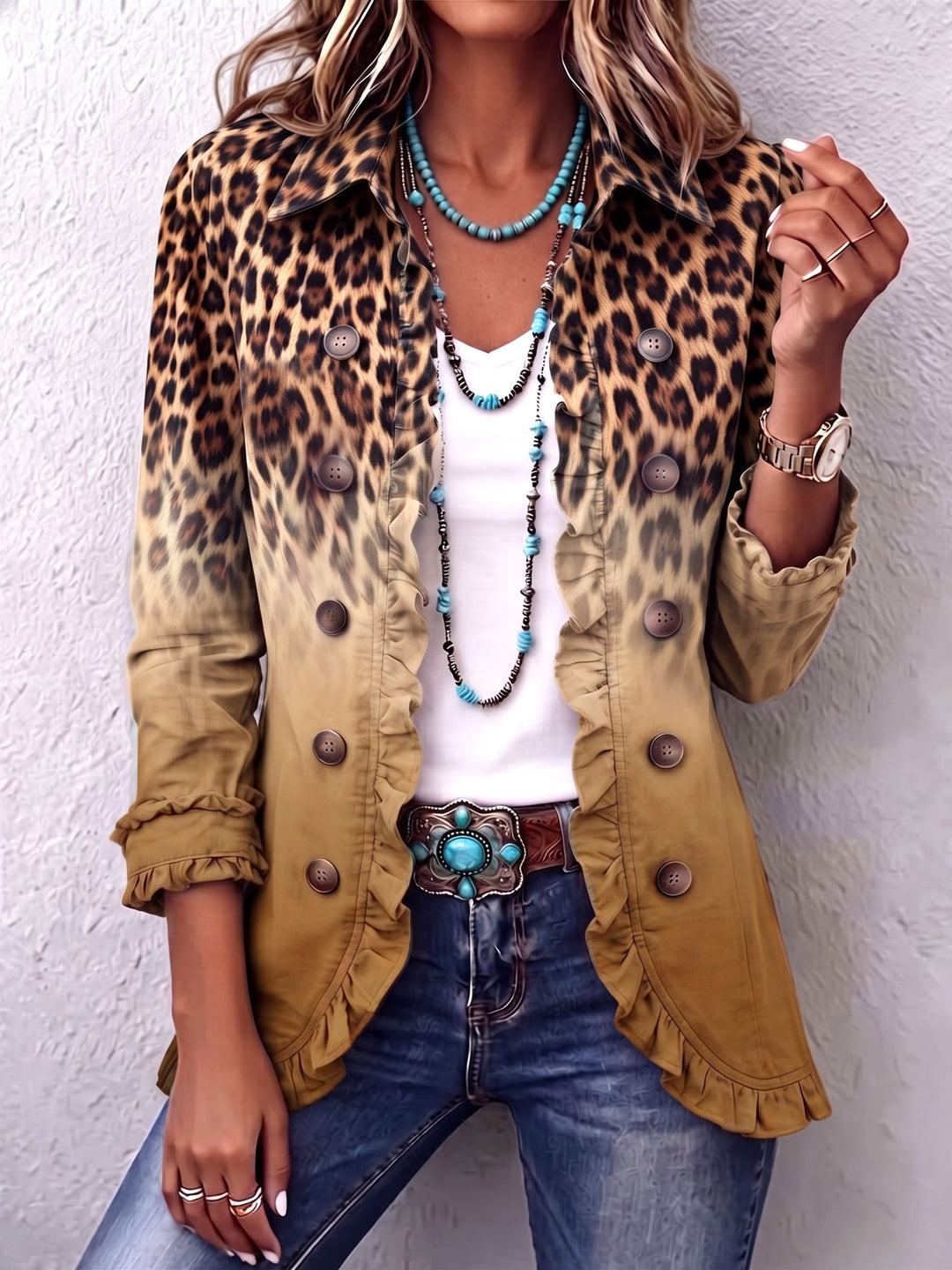 Béatrice | Blazer Léopard Turquoise Dégradé avec Volants