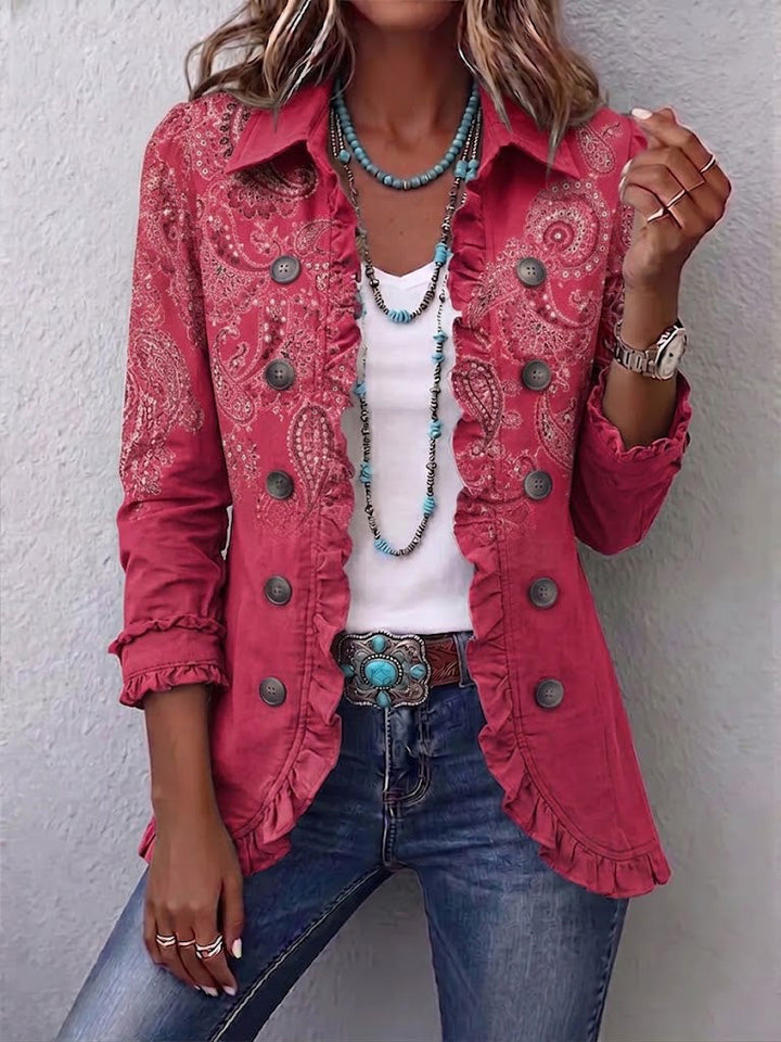Iseult | Veste Vintage Rose Antique à Motif Paisley avec Volants