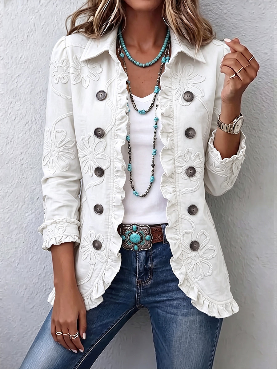 Camille | Veste Bohème-Chic Brodée Fleurs Ivoire avec Détails Froncés