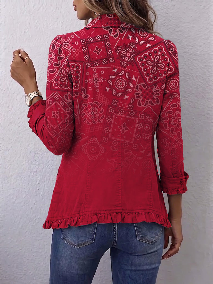 Gaëlle | Veste Bohème Rouge à Volants avec Motif Paisley Dégradé