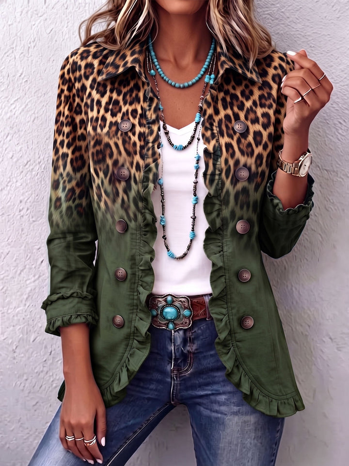 Béatrice | Blazer Léopard Turquoise Dégradé avec Volants
